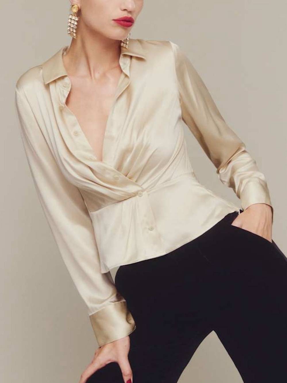 Reformation Rennes Silk Peplum Blouse Champagne Ivory 0 AS IS Flaws